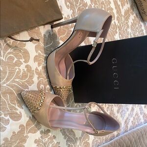 Gucci Beige Heels with Gold Studs